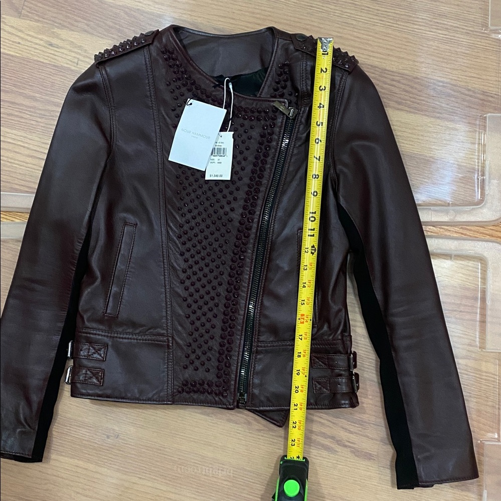 New with Tag Designer Nour Hammour Burgundy Studded Erin Leather Jacket - Picture 8 of 17